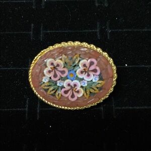 Floral MosaicVenetian Italy  Brooch with Gold Accents